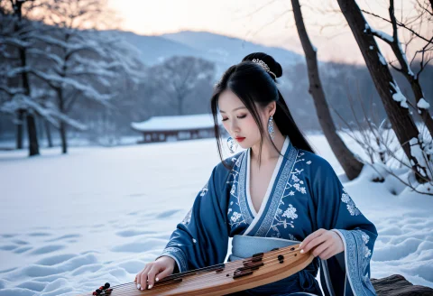 In The Serene Setting Of A Snowy Landscape, A Young Woman In... — SDXL AI Prompt: In the serene setting of a snowy landscape, a young woman in a traditional blue...