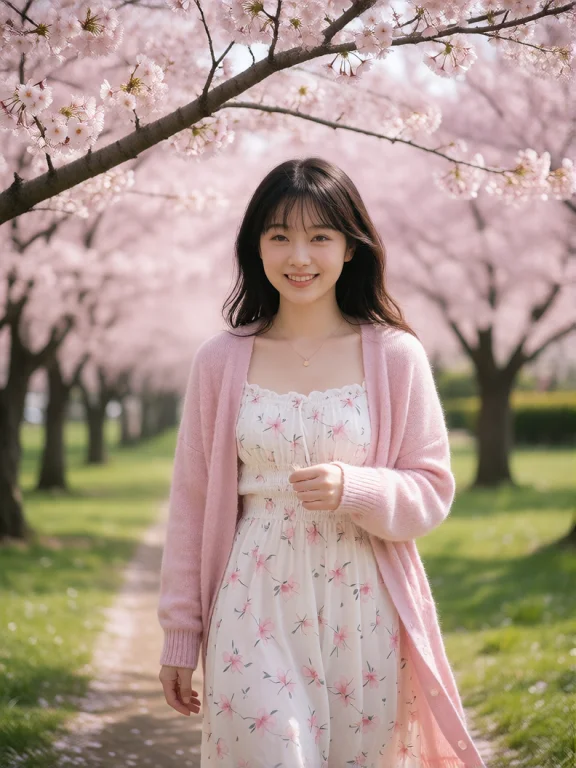 A Photograph Of A Beautiful Woman Strolling Beneath Cherry B...