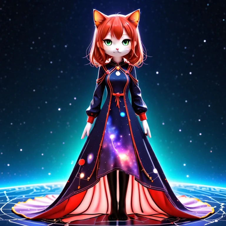A 3d Chibi Anime Red Hair Cat Girl Wear Cosmos Universe Long...