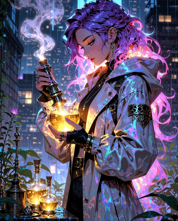 A Fashionable Urban Sorceress With Vibrant Purple Hair Stand...