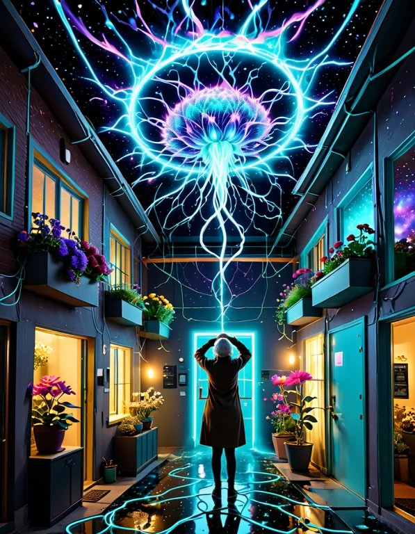 Biolumens Universe, Elderly Gardener Calmly Watering An Enor...