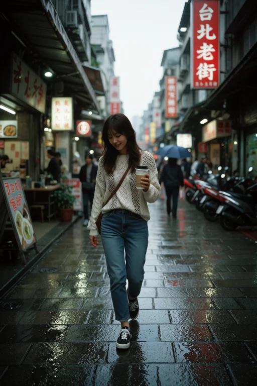 A Taiwanese Woman Walks Through A Wet Alleyway Lined With Il...