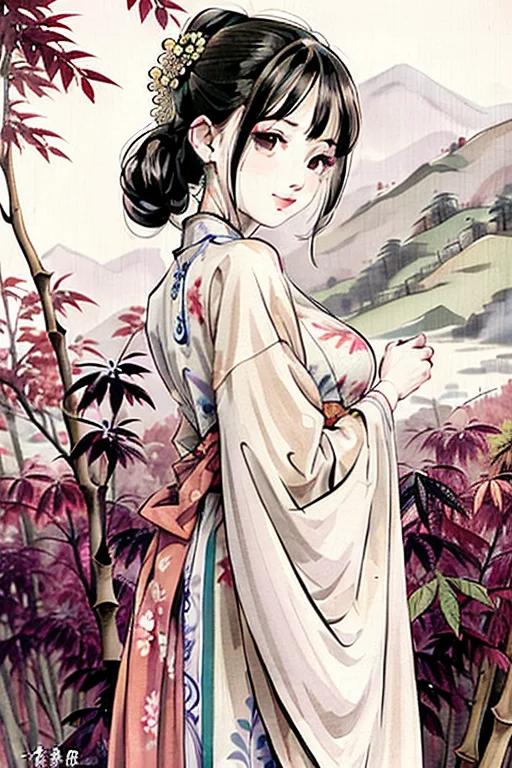 Shuimobysim Portrait Of A Elegant Lady Standing In Bamboo Fo...