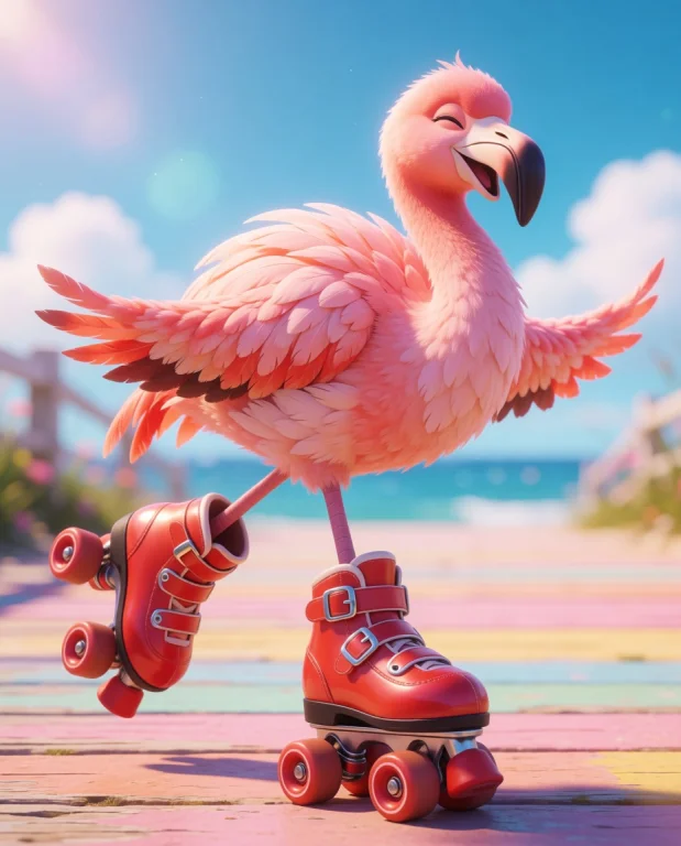 Subject And Action A Vibrant, Cheerful Flamingo With Fluffy...