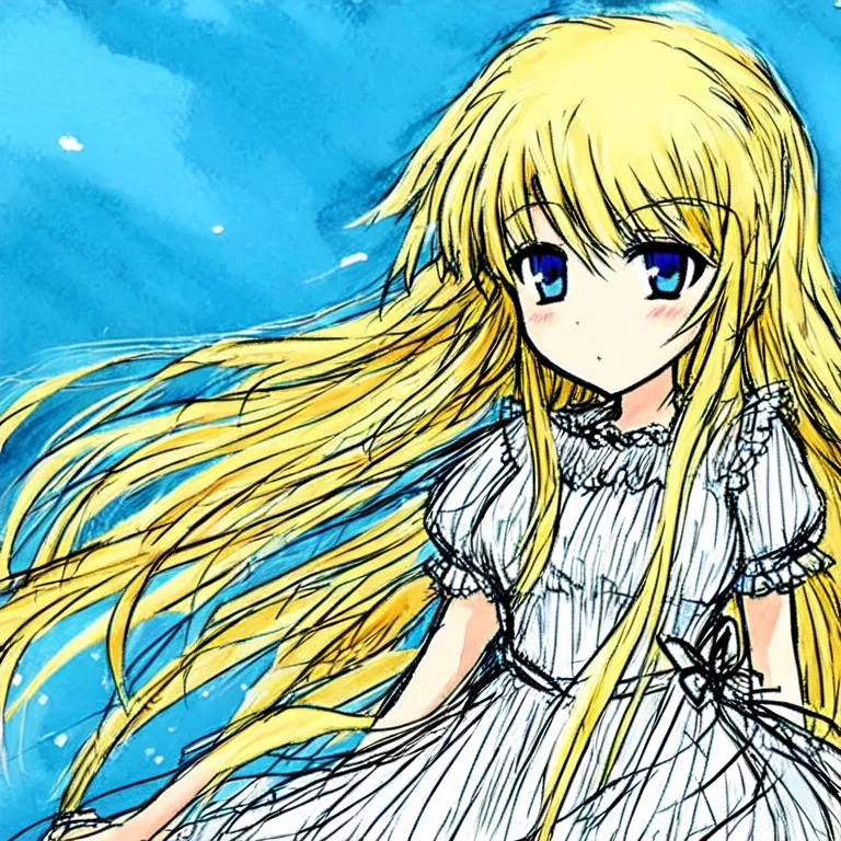 1girl, Solo, Blonde Hair, Blue Eyes, Watercolor , Dress , Bl...