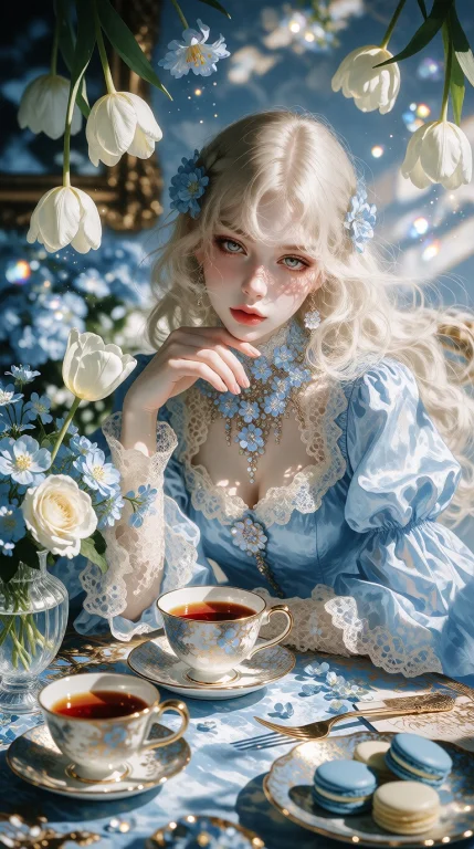 Ethereal Young Woman With Long Blonde Hair, Wearing An Elega...
