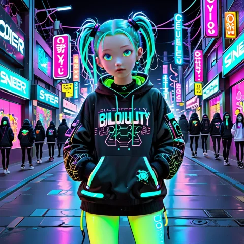 1girl, Streetwear, Bioluminescent, Cute, Cyberpunk, Goofy — SDXL AI Prompt: 1girl, streetwear, bioluminescent, cute, cyberpunk, goofy
