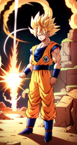 Toriyamaakira, Son Goku Super Saiyan Standing And Expanding... — Stable Diffusion AI Prompt: toriyama_akira, SOn Goku Super Saiyan standing and expanding his power, 1boy, bl...