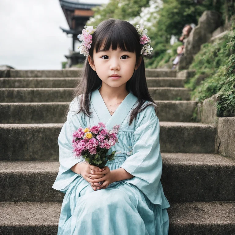 Portrait Photo Of A Pretty Young Girl Holding A Flower In He...