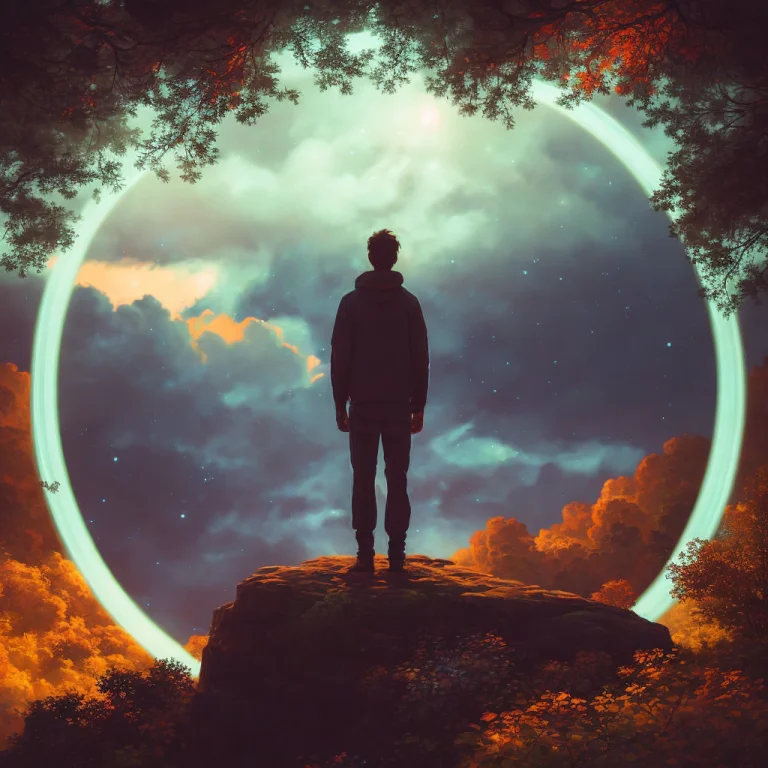A Dramatic Image At Night, A Man Standing Below A Bright Cir...