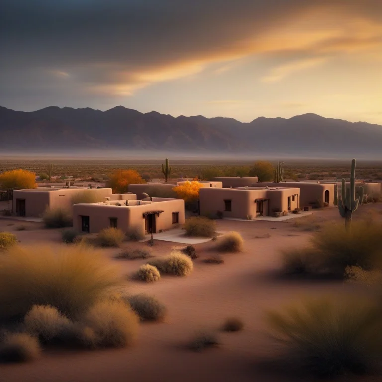A Desert Adobe Village Warmed By Evening Light, Overcast Lig...
