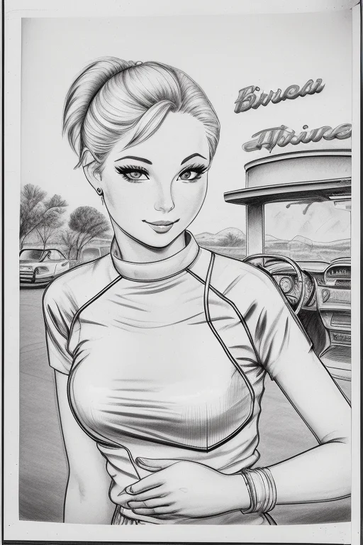 A Drawing Of A Beautiful Woman, Drive-in Fast Food Waitress,...