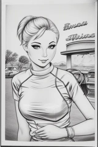 A Drawing Of A Beautiful Woman, Drive-in Fast Food Waitress,... — Stable Diffusion AI Prompt: a drawing of a beautiful woman, drive-in fast food waitress, short blonde hair, 