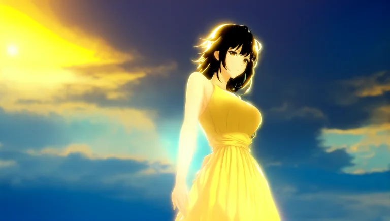 Anime, Pretty Woman In Yellow Dress, Staring Toward Horizon,...