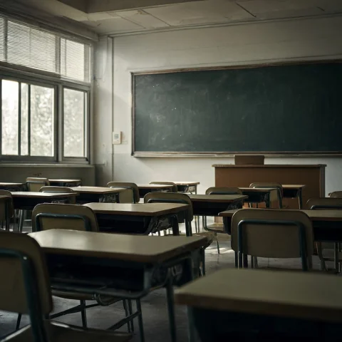 An Empty Classroom With Rows Of Desks Perfectly Aligned, Sof... — Stable Diffusion AI Prompt: An empty classroom with rows of desks perfectly aligned, soft daylight entering...