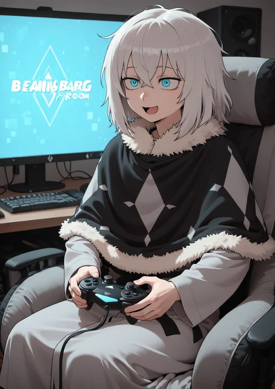 1girl, Solo, Holding A Gaming Controller Up, Sitting On A Be...