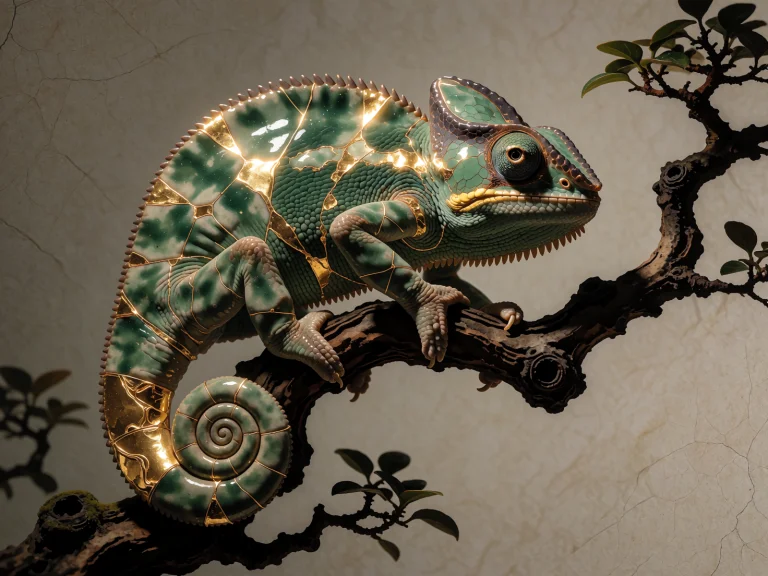 An Illustration Of A Chameleon Slowly Climbing Along A Twist...