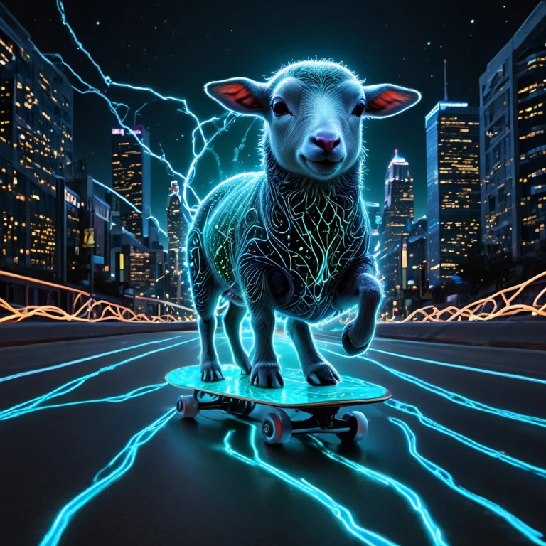 A Cute Bioluminescent Lamb Riding A Skateboard Down An Urban...