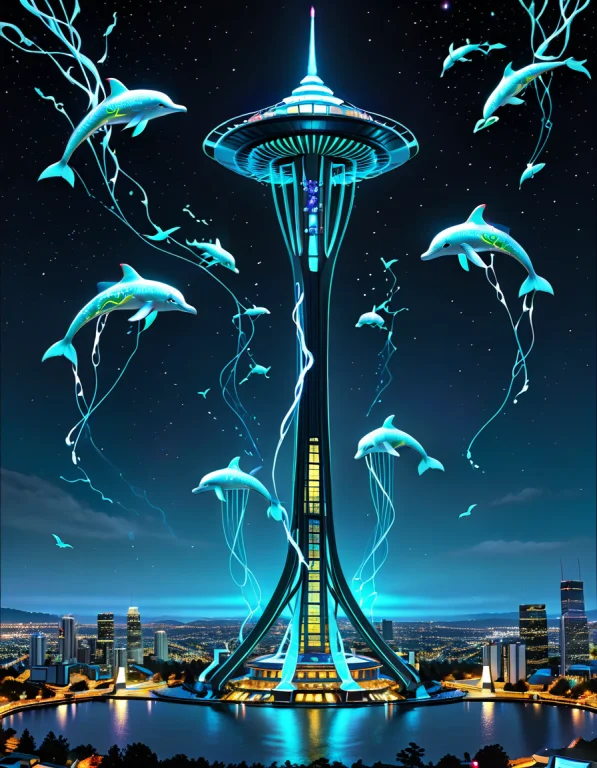 The Space Needle, With Flying Dolphins Made Of Organic Biolu...