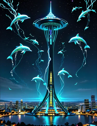 The Space Needle, With Flying Dolphins Made Of Organic Biolu... — SDXL AI Prompt: The Space Needle, with flying dolphins made of organic bioluminescent at night,...