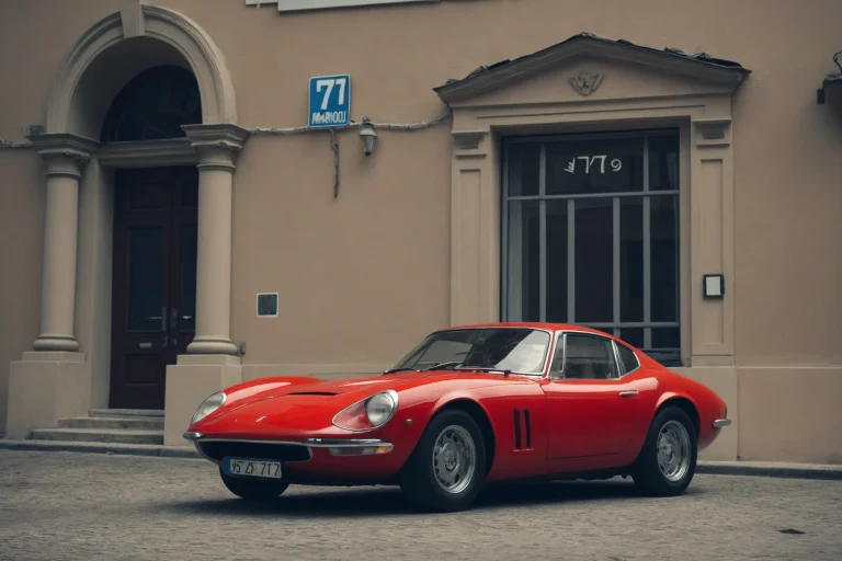 A Red Sports Car Parked In Front Of A Building With A Number...