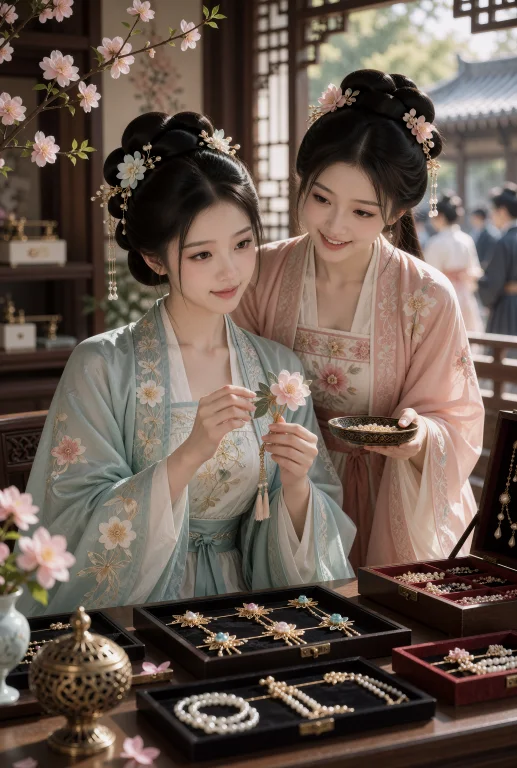 陈列首饰和花枝的室内柜台前,两名年轻中国女子并肩坐着挑选饰品...
