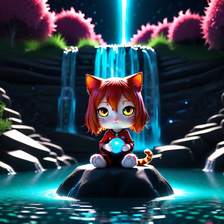 A 3d Chibi Anime Red Hair Cat Girl Sit On Cosmos Universe Wa...