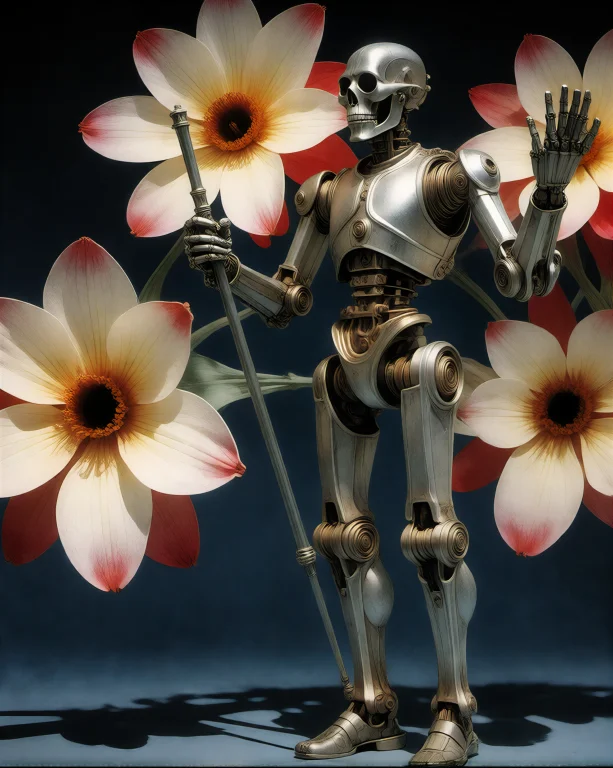 Bradhamel Art Style A Skeletal Robot Stands In Three-quarter...