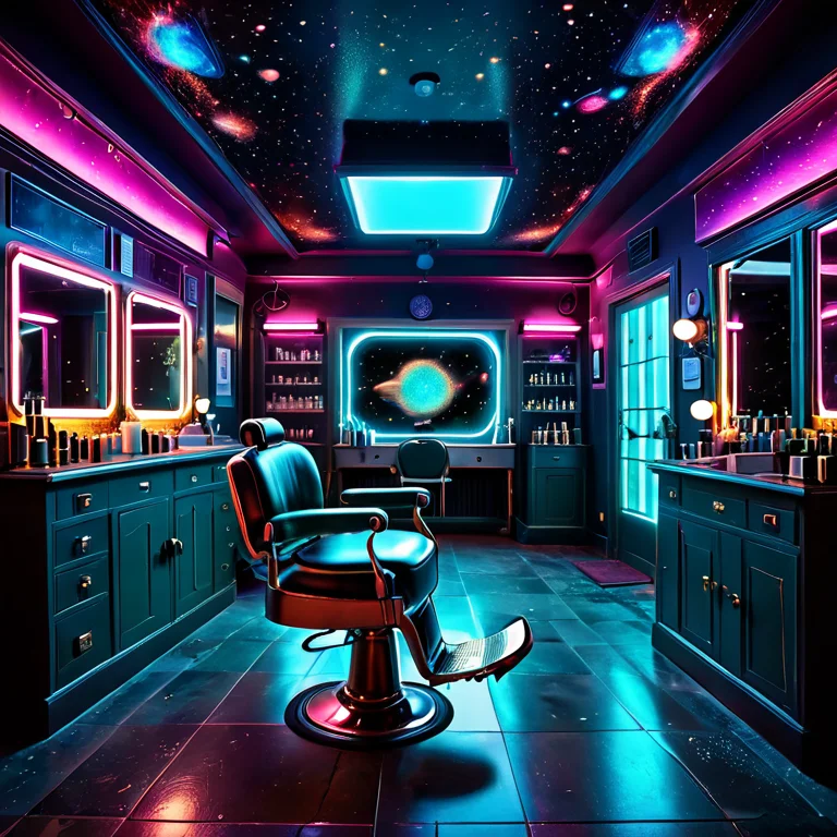An Old Barbershop With A Single Chair, Mirror, And Shelves O...