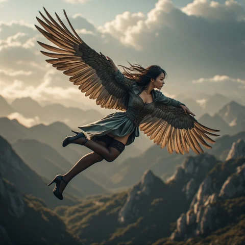 Sexy Asian Female Angel Flies Over The Mountains — Stable Diffusion AI Prompt: Sexy Asian female angel flies over the mountains