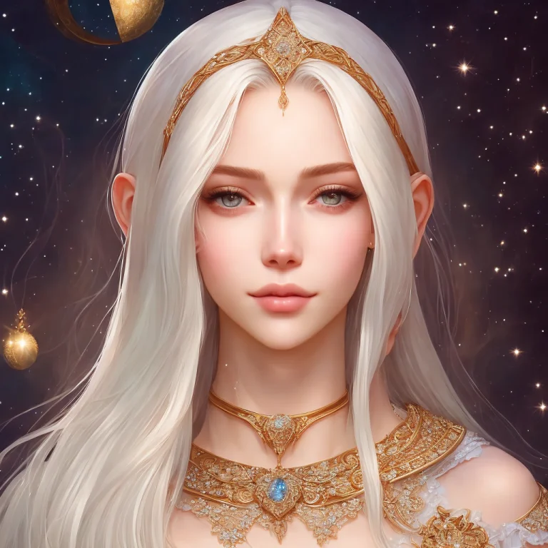 A Woman With Long White Hair, Pale Skin, Crescent Moon, Star...
