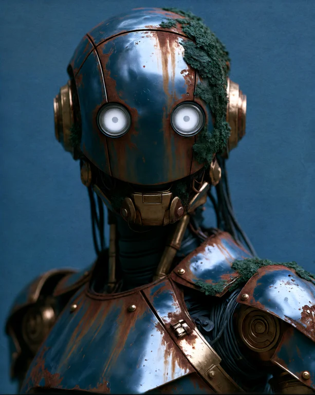 M1v8 A Robots Helmeted Head Rises To Fill The Frame Against...