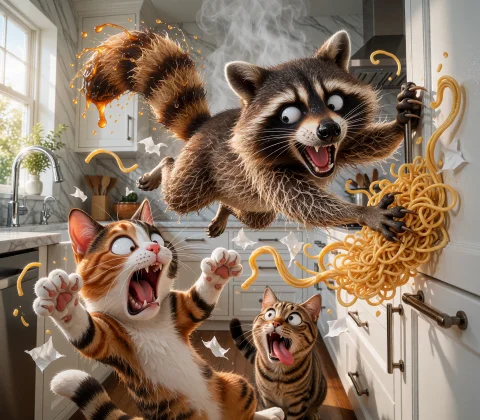 Lorakrea2 - Style - Super Exaggerated Proportions V11 Supere... — Stable Diffusion AI Prompt: SUPER_EXAGGERATED,A hyper-caffeinated raccoon,fur slick with steaming noodle br...