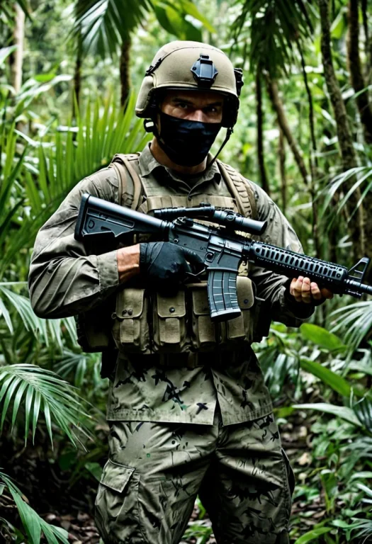 Army Man Holds A Rifle In The Jungle, Stealthy, Camo, Helmet