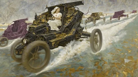 Medieval Themed White-toned Action Photo Of A Heavenly Nurse... — Stable Diffusion AI Prompt: Medieval themed white-toned action photo of a heavenly nurse driving a goth car...