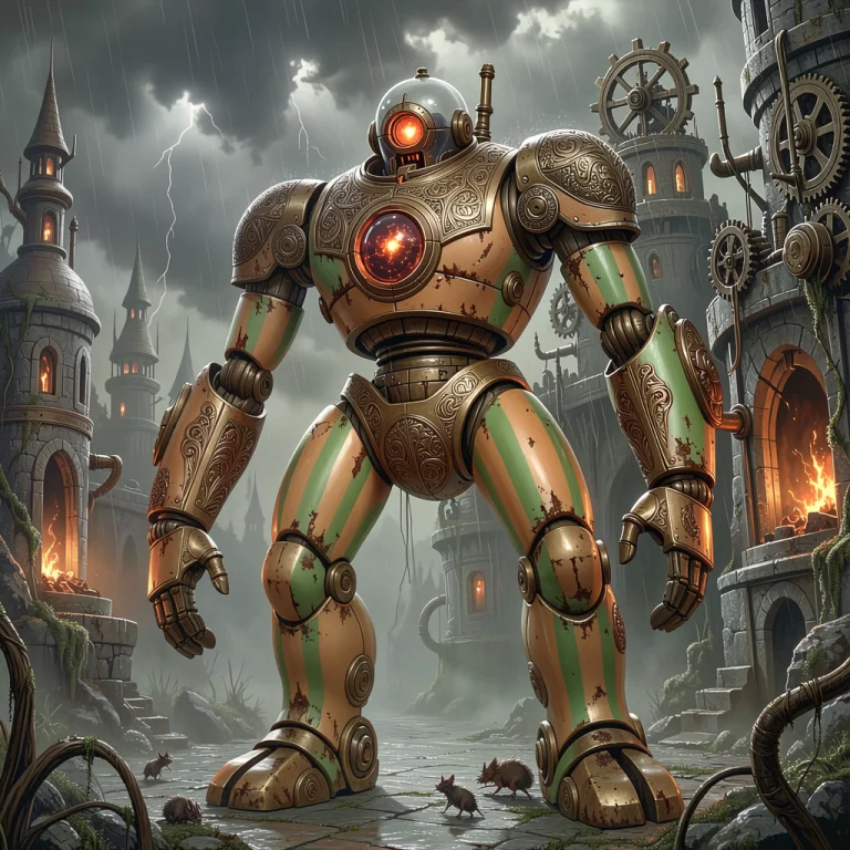 Giant Ancient Robot. Light Orange And Green Stripes And Shin...