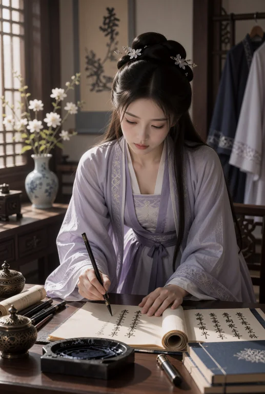 古装,书房长案前,一名年轻中国女子俯身书写,左手按住展开纸张...