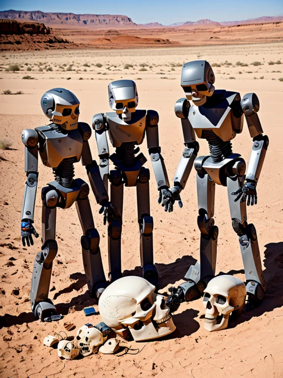 Three Angular Robots Inspecting A Human Skull In A Desert, H...