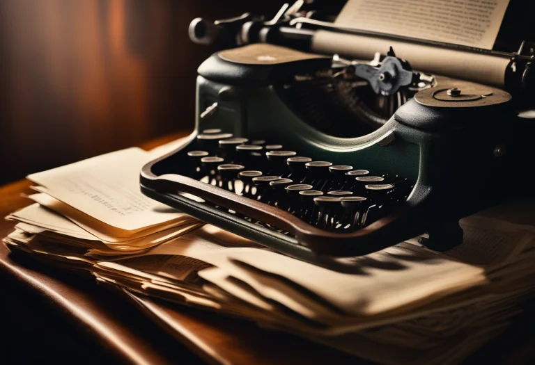 An Old Typewriter Surrounded By Scattered Pages, Aurora Glow...