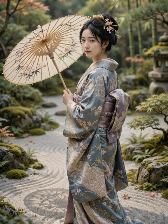A Graceful Traditional Japanese Maiden Wearing An Intricatel...