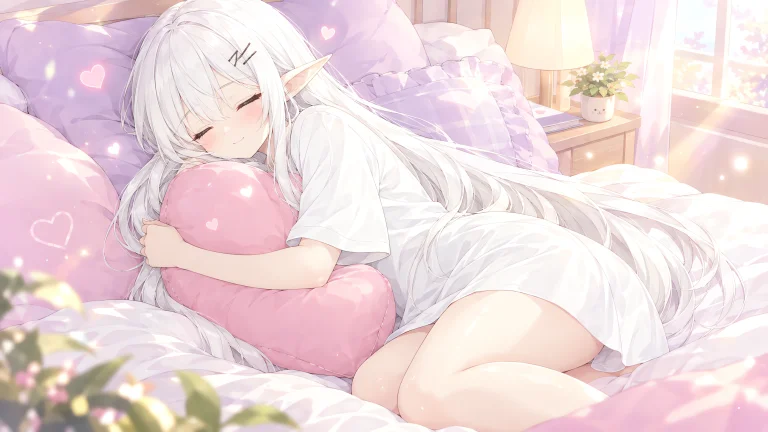 1girl, Solo, Elf, Long White Hair, Pointed Ears, Closed Eyes...