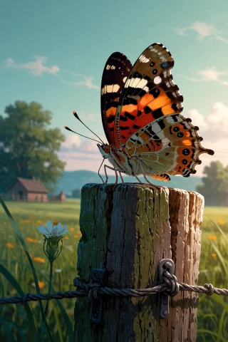 , A Butterfly Perched On A Wooden Fence Post In A Quiet Coun... — Stable Diffusion AI Prompt: , A butterfly perched on a wooden fence post in a quiet countryside scene
