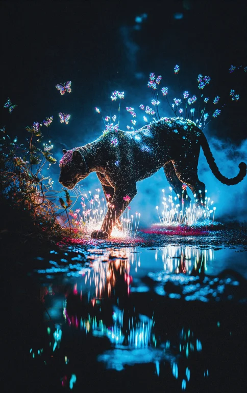 A Majestic Pitch-black Panther Walking Slowly Through A Comp...