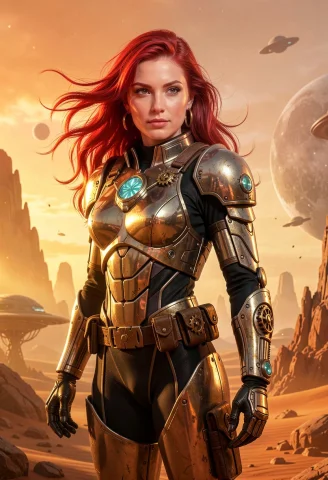 Space Ranger Woman, Red Hair, Photorealistic, Alien Desert P... — FLUX AI Prompt: (((space ranger woman))), red hair, photorealistic, alien desert planet, orange...