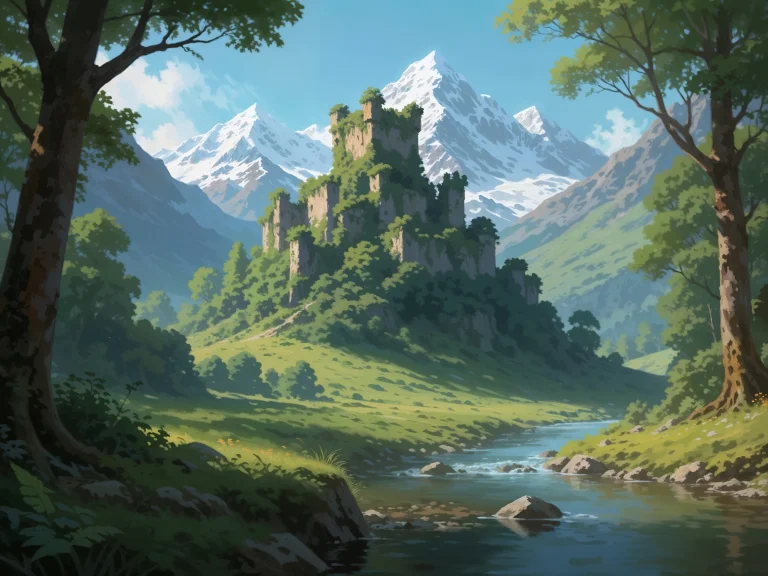 Overgrown Castle Ruins On Green Hill Snowy Mountains River I...