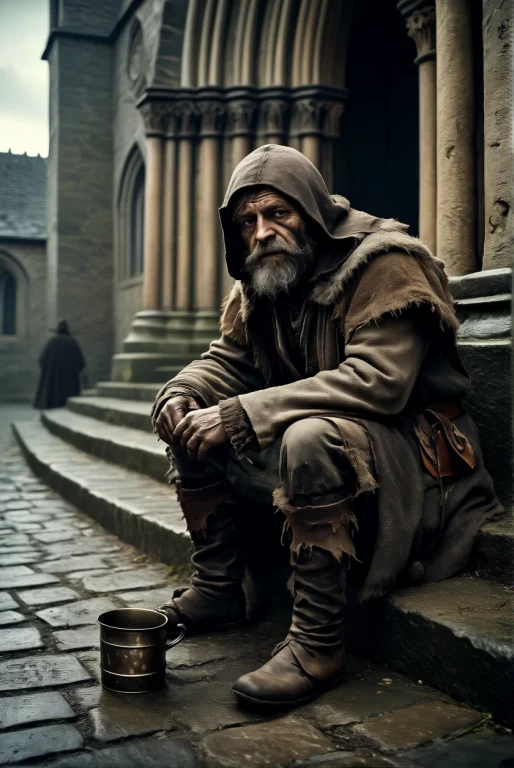 Medieval Style. A Scruffy Beggar Sitting On A Step Outside T...