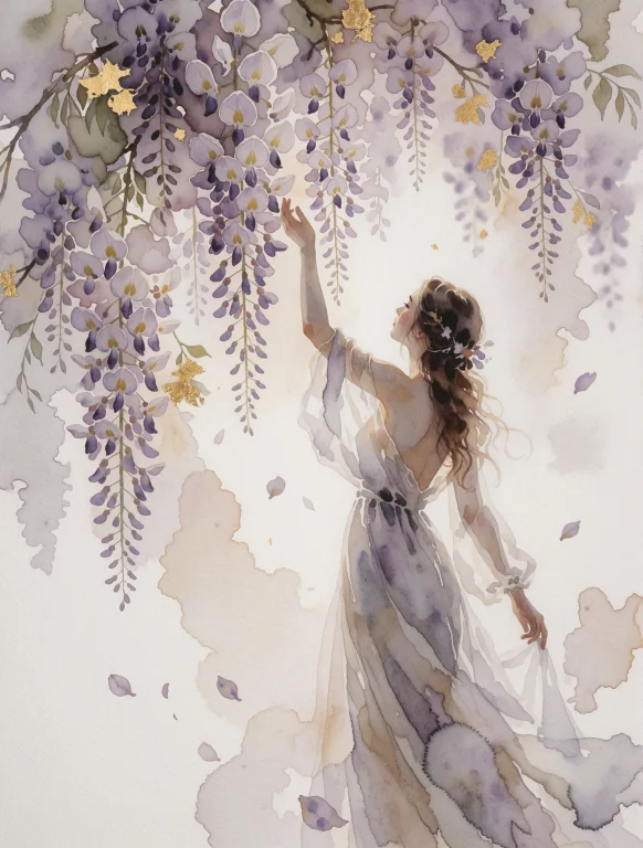 An Ethereal Painterly Watercolor Of A Woman In A Flowing Pal...