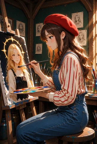 A Young Woman Artist With Long Wavy Brown Hair And Brown Eye... — Stable Diffusion AI Prompt: A young woman artist with long wavy brown hair and brown eyes, wearing a bright...