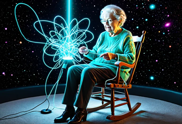 An Old Grandma Sitting On A Rocking Chair In Open Space, Kni...