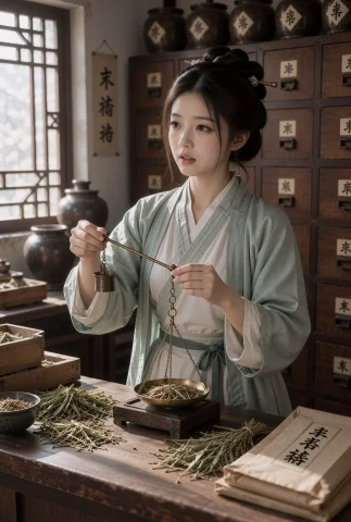 药铺柜台后，一名年轻中国女子站着称量草药，左手提起小型铜秤，... — Stable Diffusion AI Prompt: 药铺柜台后，一名年轻中国女子站着称量草药，左手提起小型铜秤，右手捏住秤杆或砝码调...